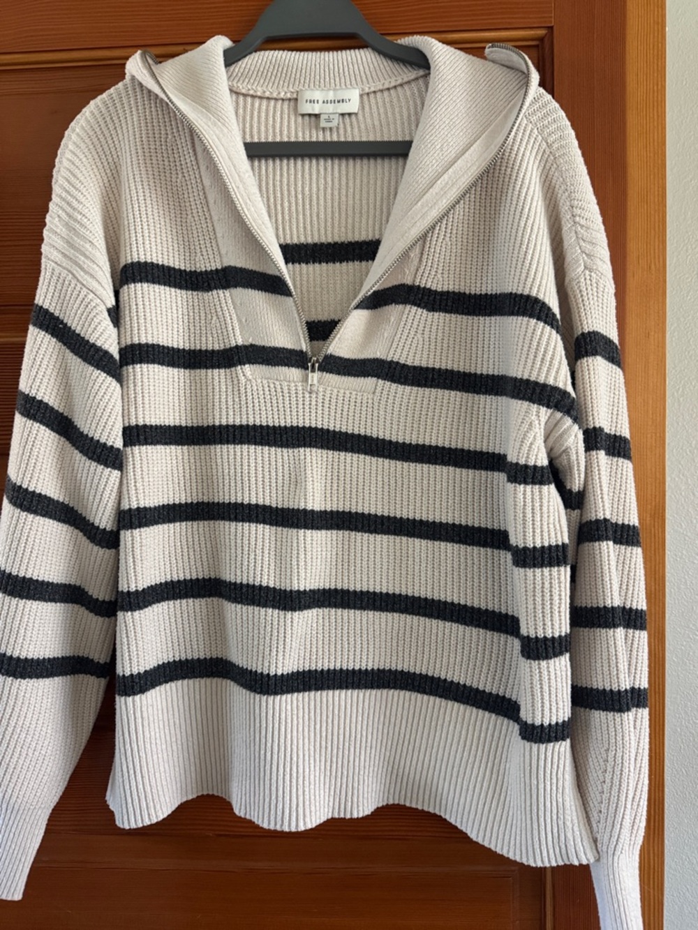 Cream & Black Striped Half-Zip Hoodie Sweater